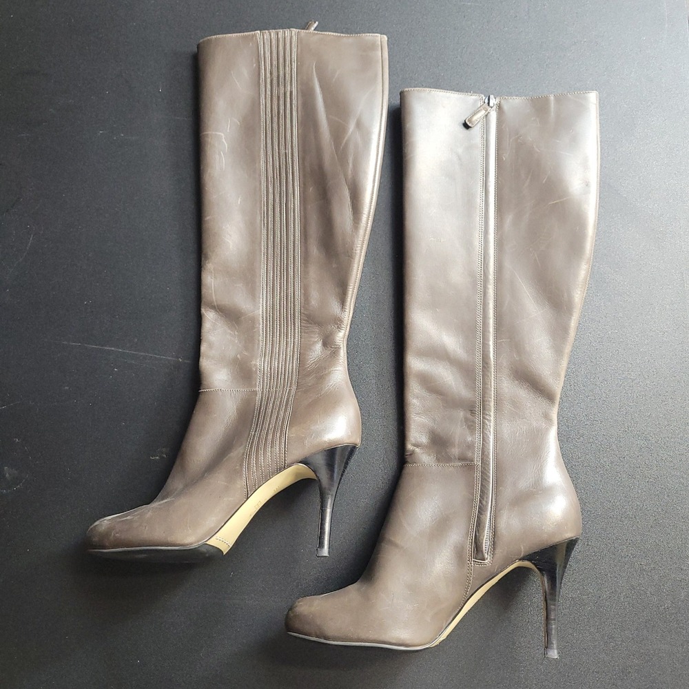 Cole Haan Knee High Boots Womens 8B Brown Leather Stiletto Ribbed Gusset Zip